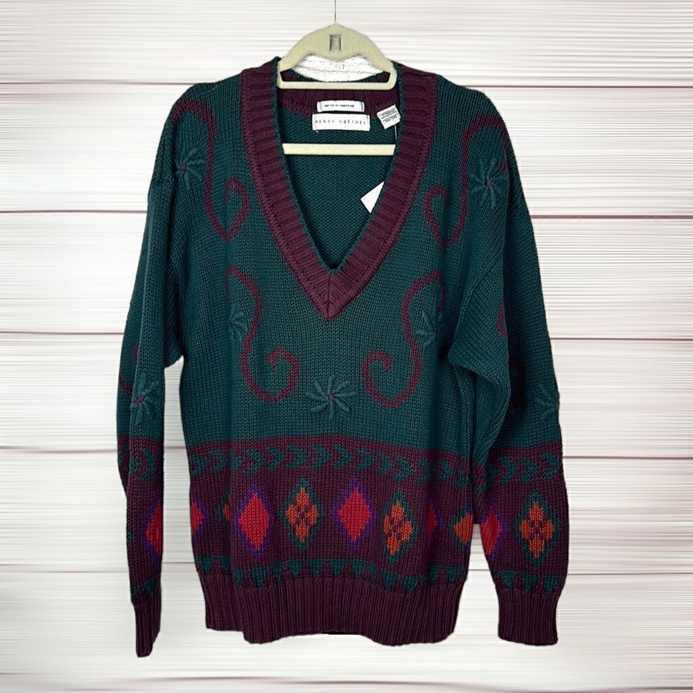 NWT Men’s Henry Grethel Vintage Cotton Deep V-neck Green Burgundy Sweater L